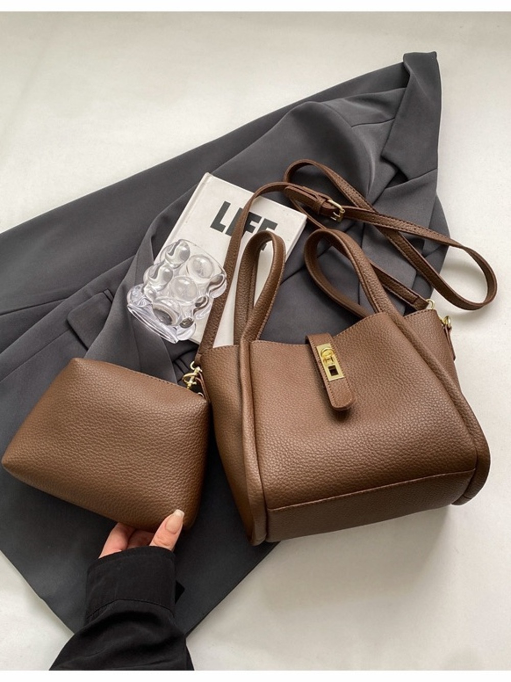 Classic Brown Women's Leather Tote Bag with Removable Pouch